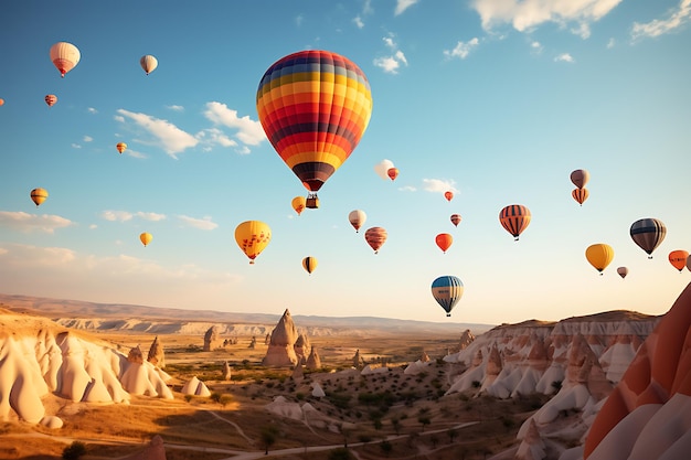 Coloridos globos aerostáticos volando sobre un paisaje rocoso