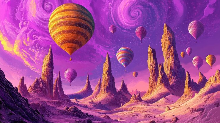 Los coloridos globos de aire caliente se elevan por encima del paisaje alienígena púrpura
