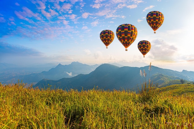 Coloridos globos de aire caliente sobrevolando la montaña en Dot Inthanon en Chiang Mai, Tailandia