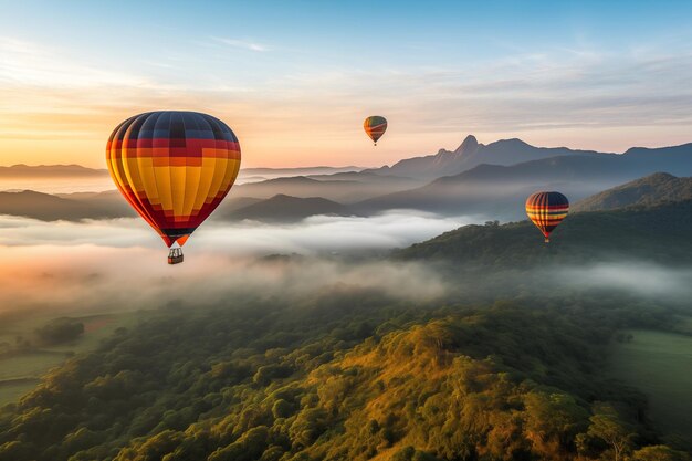 Los coloridos globos de aire caliente vuelan sobre la montaña en Dot Inthanon en Chiang Mai