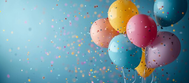 Foto coloridos globos de cumpleaños volando sobre un fondo azul