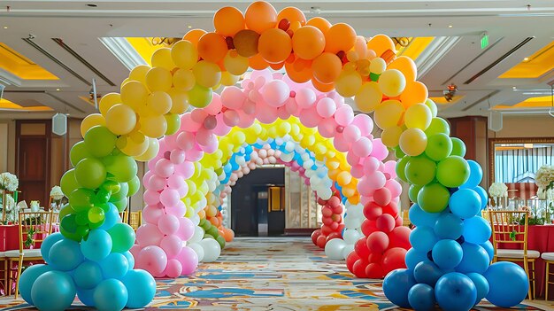 Los coloridos globos forman un arco arcoisado sobre una pasarela