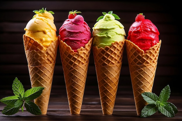 Coloridos helados en conos de waffle de pie sobre la mesa