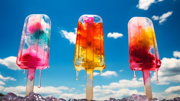 Foto los coloridos helados se derriten en el sol.