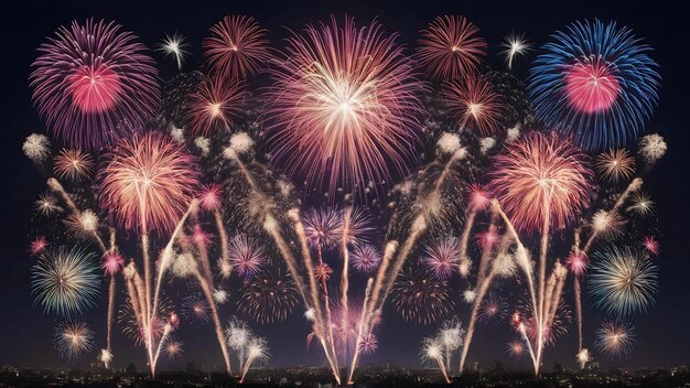 Los coloridos y hermosos fuegos artificiales saludan contra el oscuro cielo nocturno.