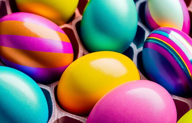 Foto coloridos huevos de pascua en una bandeja