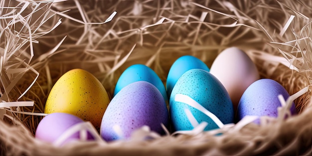 Coloridos huevos de Pascua Banner de Pascua huevos pintados de colores Huevos de Pascua en una canasta Concepto mínimo Fondo de Pascua