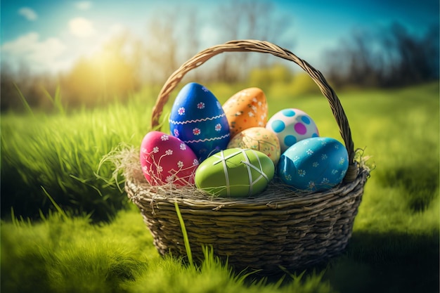 Coloridos huevos de pascua en una canasta en un amplio prado verde con fondo bokeh y cielo azul