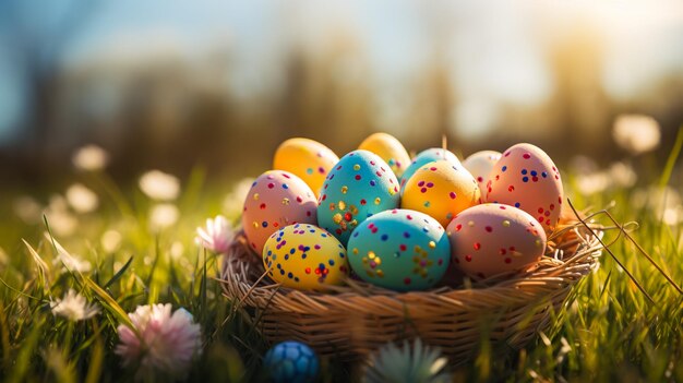 coloridos huevos de pascua en una canasta en el prado