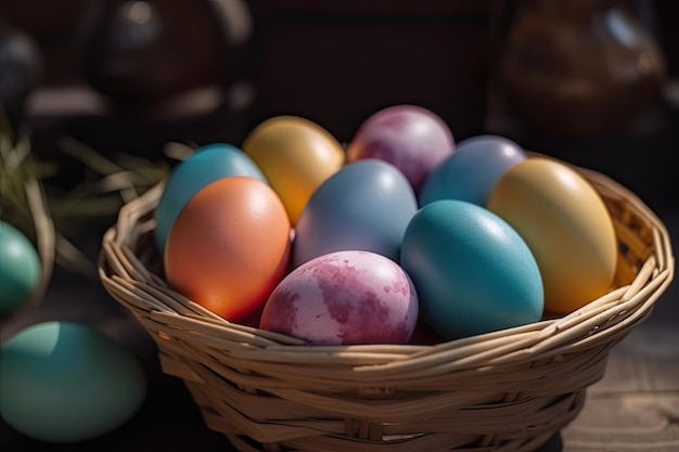 Coloridos huevos de Pascua en una canasta sobre una mesa de madera de cerca AI generado