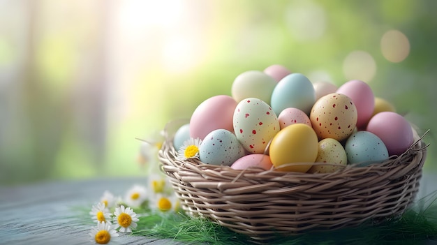 Coloridos huevos de Pascua en una cesta