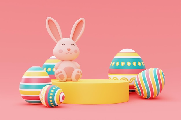 Coloridos huevos de pascua y conejito de pascua con podiofeliz concepto de vacaciones de pascuaestilo minimalistarepresentación 3d