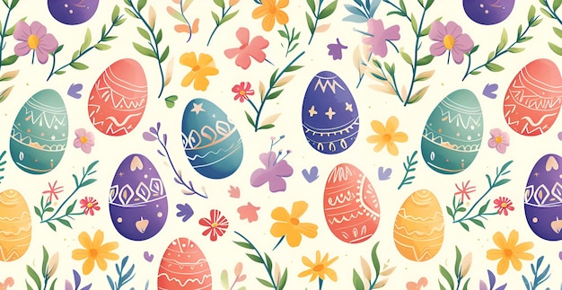 Coloridos huevos de Pascua festivos con flores en una ilustración de fondo blanco