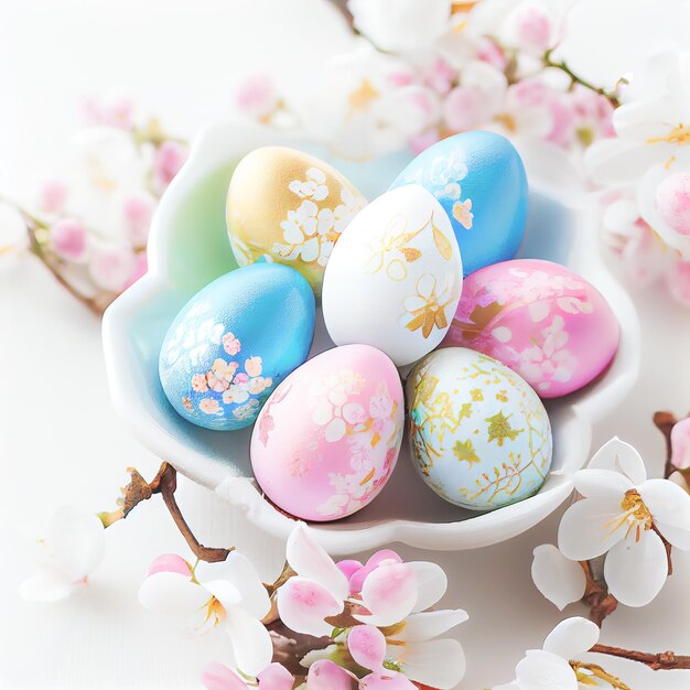 Coloridos huevos de Pascua con flores de cerezo sobre fondo blanco Diseño para el día de Pascua