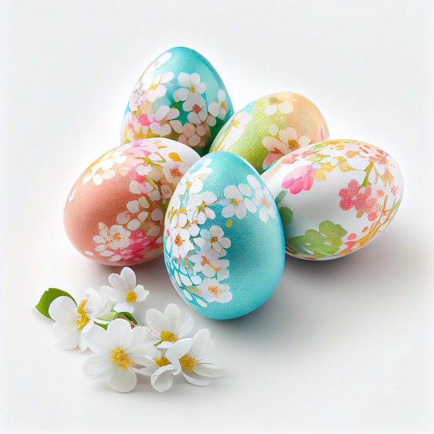 Coloridos huevos de Pascua con flores de cerezo sobre fondo blanco Diseño para el día de Pascua