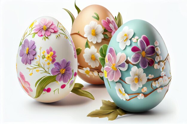 Coloridos huevos de Pascua con flores de flor de primavera aisladas sobre fondo blanco ai generativo