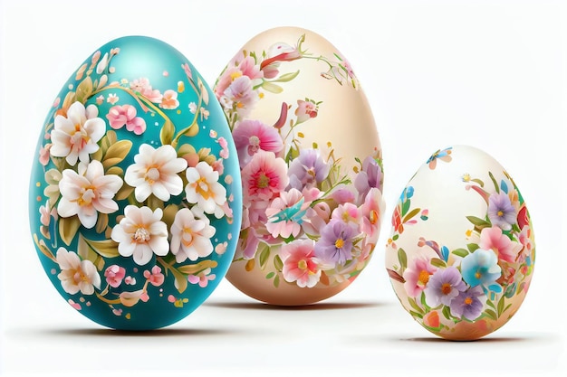 Coloridos huevos de Pascua con flores de flor de primavera aisladas sobre fondo blanco ai generativo