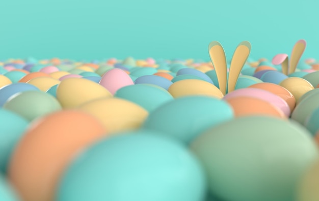 Coloridos huevos de Pascua con fondo de orejas de conejo