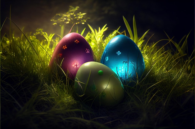 Coloridos huevos de Pascua en la hierba verde
