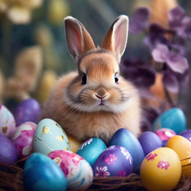 Coloridos huevos de Pascua con lindo conejito de Pascua