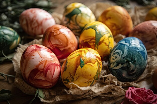 Coloridos huevos de Pascua en una mesa IA generativa