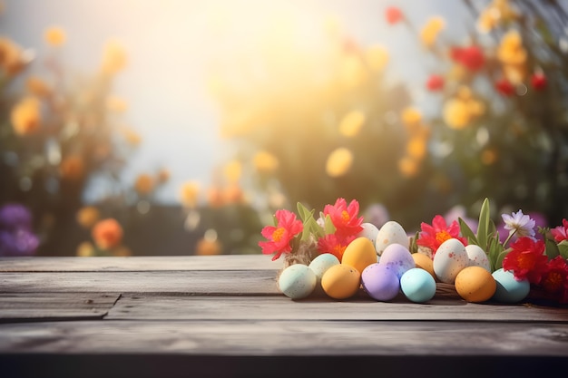 Coloridos huevos de pascua en una mesa de madera con flores en el fondo