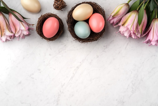 Coloridos huevos de Pascua en el nido con flor de lirio rosa sobre fondo de mesa de mármol blanco brillante.