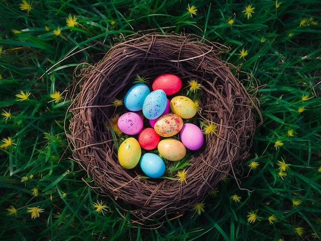 Coloridos huevos de pascua en el nido de pájaro en las hierbas Idea de feliz día de pascua