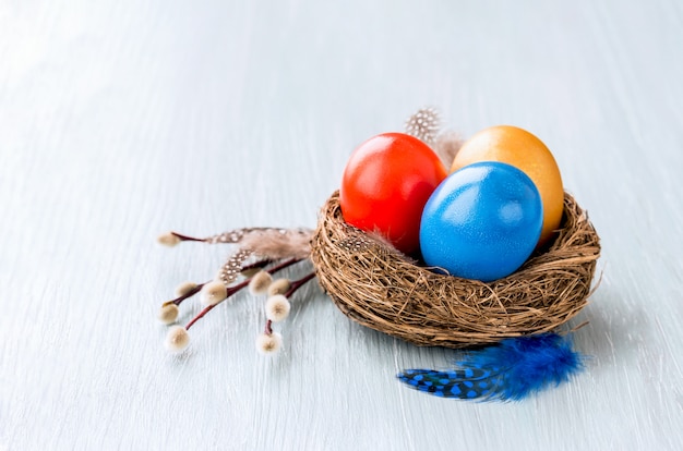 Coloridos huevos de Pascua en nido pequeño, rama de sauce. Copia espacio