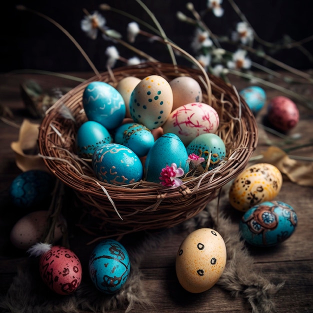Coloridos huevos de Pascua pintados con diferentes colores en una canasta Ai generado