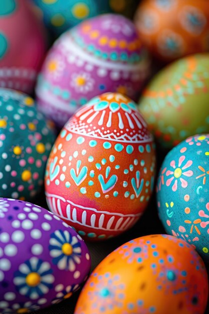 Coloridos huevos de Pascua pintados a mano y adornados con flores primaverales