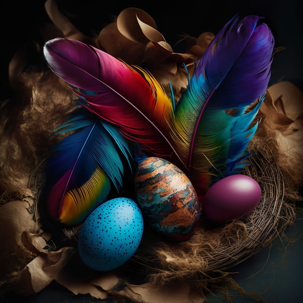 Coloridos huevos de Pascua con plumas de pájaro en el nido Concepto de Felices Pascuas