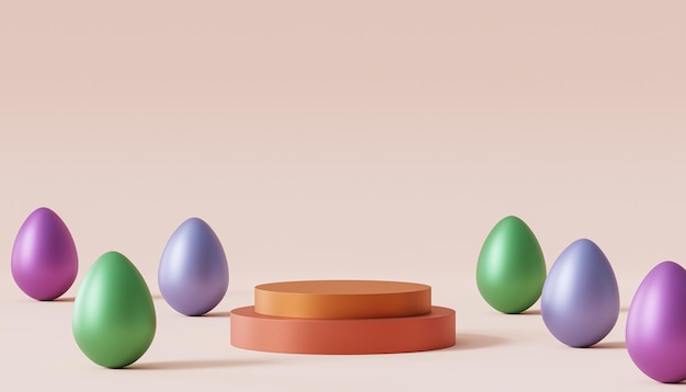 Foto coloridos huevos de pascua con podio para productos vacaciones de primavera publicidad 3d render banner