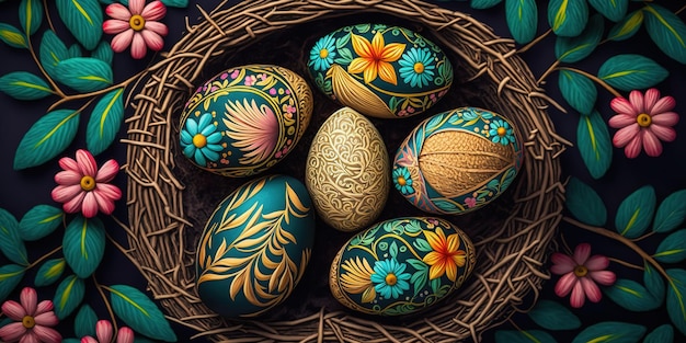 coloridos huevos de Pascua pysanky dentro del nido sobre fondo vívido