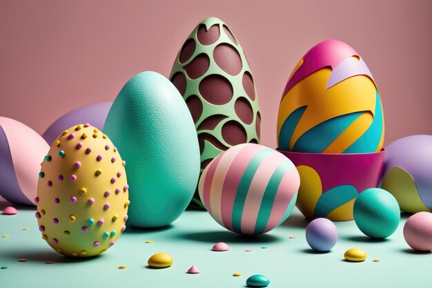 Coloridos huevos de Pascua sobre fondo pastel AI Generation