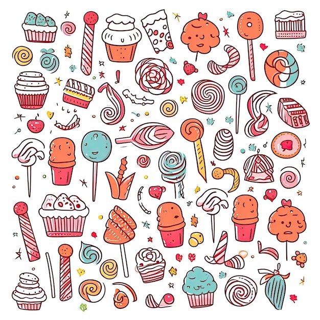 Coloridos iconos de dulces dibujados a mano para colorear garabatos sobre fondo blanco