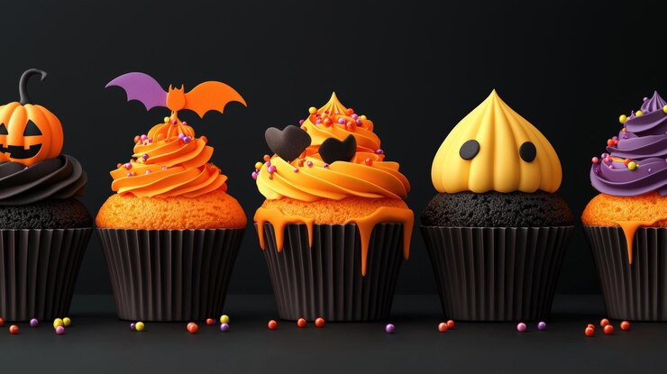 Coloridos pasteles de Halloween en un fondo oscuro decorados con ingredientes festivos