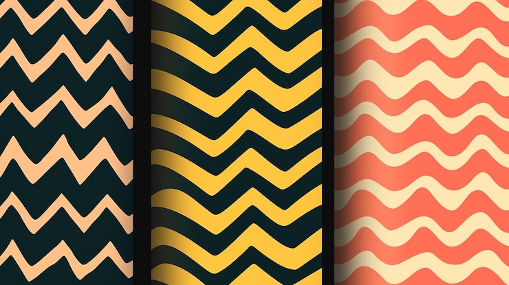 Foto coloridos patrones en zigzag en tonos de amarillo negro y coral se muestran juntos contra un fondo claro