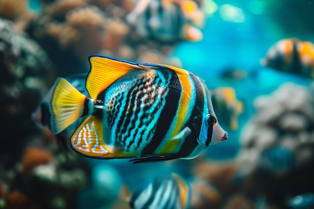 Coloridos peces exóticos nadando en un acuario de aguas azules profundas con plantas tropicales verdes