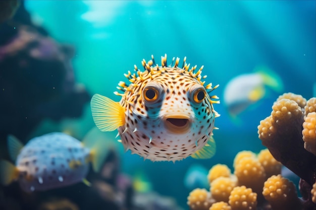 Foto los coloridos peces globos deleitan las profundidades del océano