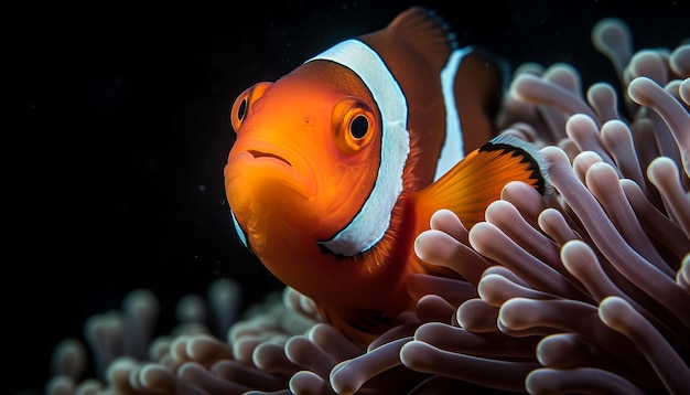 Coloridos peces payaso nadan en un vibrante arrecife generado por IA