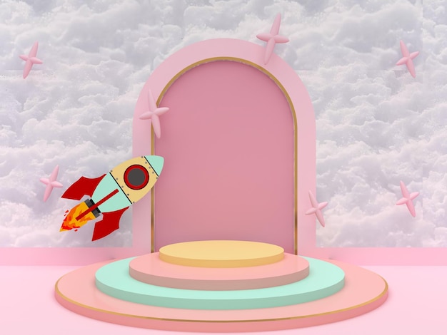 Coloridos podios de escenario escalonado con cohete y nube con arco rosa en el fondo Pedestal para presentación de productos para niños Representación 3D geométrica