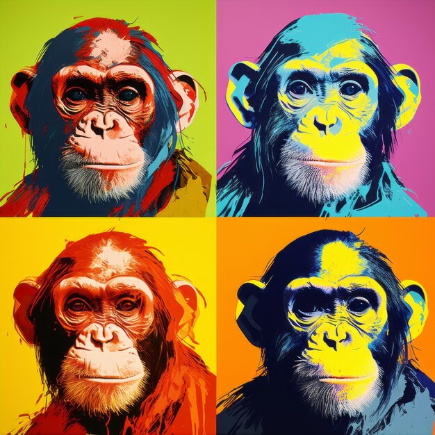 Coloridos retratos de arte pop de cuatro chimpancés al estilo de Andy Warhol