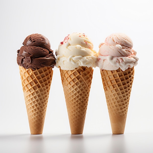 coloridos y sabrosos conos de helado de fondo blanco