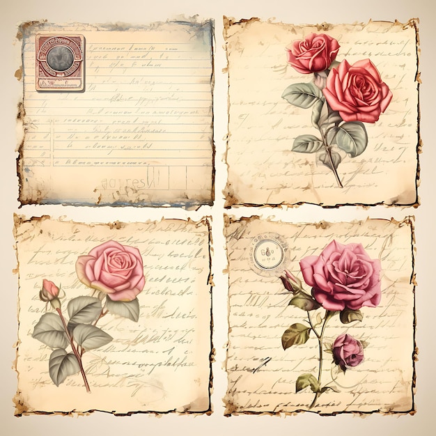 Coloridos susurros antiguos cartas de amor en jirones papel metal angustiado arte decoración ilustración plana 2D