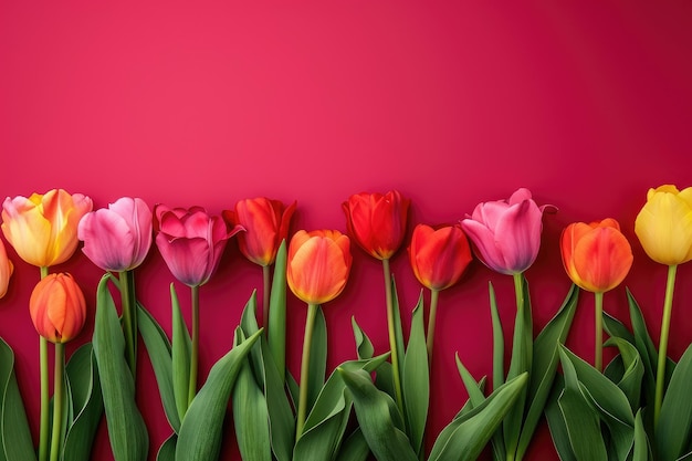 Los coloridos tulipanes en flor bordean el estandarte sobre un fondo rojo