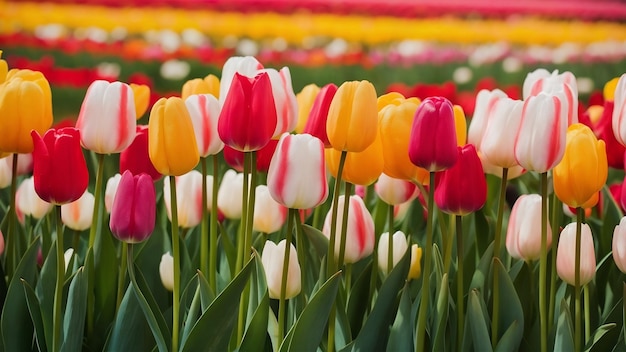 Los coloridos tulipanes en el fondo de la primavera