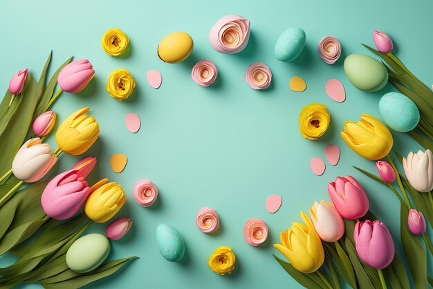 Coloridos tulipanes y huevos sobre fondo verde azulado con espacio de copia para la celebración de Pascua