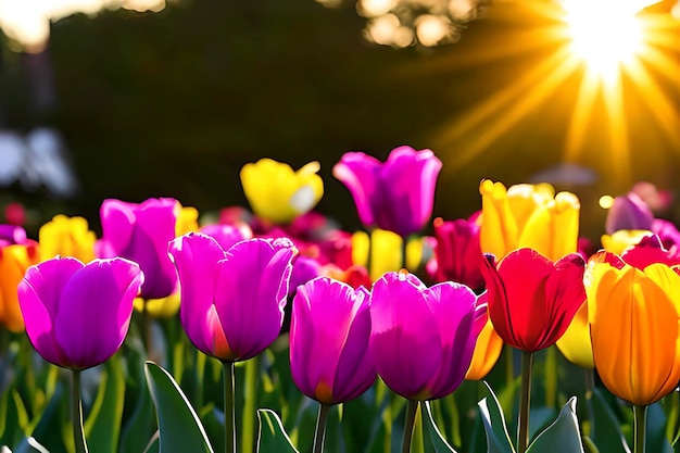 Coloridos tulipanes a la luz del sol por la mañana
