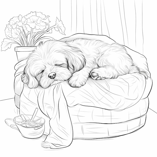 Livro para colorir adulto com um cachorro shih tzu dormindo na cama do  cachorro